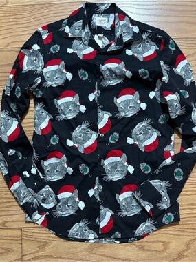 North Pole Christmas Holiday Santa Cat Button Down Festive Shirt Small